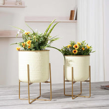 Load image into Gallery viewer, Set of 2 Different Size Hammered Off-White & Gold Metal Tabletop Indoor Planters with Stands - Includes 1 Gallon and 2/3 Gallon Pot for Small to Medium Plants