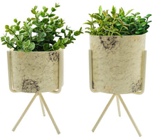 Load image into Gallery viewer, Set of 2 Different Size Off-White Marbled Tabletop Indoor Mini Planters with Stands - Includes 30 Ounce and 20 Ounce Pot for Small Plants