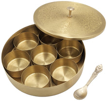 Load image into Gallery viewer, Small Size Brass (Gold Color, Floral Pattern) Round Masala Dabba Box with 7 Containers and Mini Spoon, Measures 6⅕-inches Wide x 1⅜-inches Tall