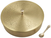 Load image into Gallery viewer, Medium Size Brass (Gold Color, Floral Pattern) Round Masala Dabba Box with 7 Containers and Mini Spoon, Measures 8-inches Wide x 1⅞-inches Tall