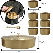 Load image into Gallery viewer, Medium Size Brass (Gold Color, Floral Pattern) Round Masala Dabba Box with 7 Containers and Mini Spoon, Measures 8-inches Wide x 1⅞-inches Tall
