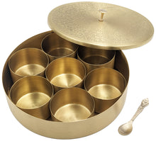 Load image into Gallery viewer, Medium Size Brass (Gold Color, Floral Pattern) Round Masala Dabba Box with 7 Containers and Mini Spoon, Measures 8-inches Wide x 1⅞-inches Tall