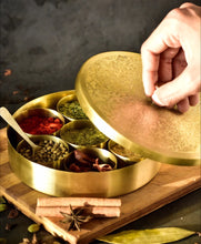 Load image into Gallery viewer, Medium Size Brass (Gold Color, Floral Pattern) Round Masala Dabba Box with 7 Containers and Mini Spoon, Measures 8-inches Wide x 1⅞-inches Tall