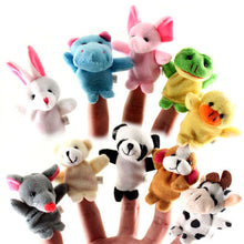 Load image into Gallery viewer, 10 Piece Soft Plush Animal Finger Puppet Set (Elephant, Panda, Duck, Rabbit, Frog, Mouse, Cow, Bear, Dog, Hippo)