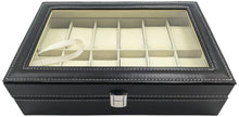 Load image into Gallery viewer, Large Watch Box with 12 Compartments, Black Faux Leather Display Case with Glass Top - Jewelry Organizer