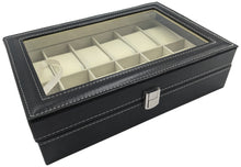 Load image into Gallery viewer, Large Watch Box with 12 Compartments, Black Faux Leather Display Case with Glass Top - Jewelry Organizer