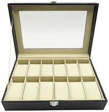 Load image into Gallery viewer, Large Watch Box with 12 Compartments, Black Faux Leather Display Case with Glass Top - Jewelry Organizer