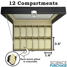 Load image into Gallery viewer, Large Watch Box with 12 Compartments, Black Faux Leather Display Case with Glass Top - Jewelry Organizer