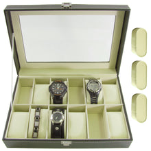Load image into Gallery viewer, Large Watch Box with 12 Compartments, Black Faux Leather Display Case with Glass Top - Jewelry Organizer