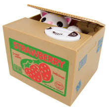 Load image into Gallery viewer, Cute Cat in a Box Piggy Bank - Battery Operated Motorized White Kitty Collects your Coins and says 谢谢 ("Thank You" in Chinese)