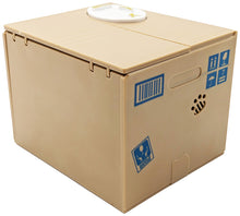 Load image into Gallery viewer, Cute Cat in a Box Piggy Bank - Battery Operated Motorized Yellow Kitty Collects your Coins and says 谢谢 ("Thank You" in Chinese)