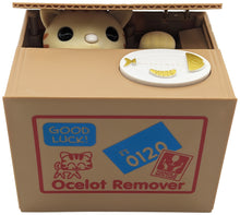 Load image into Gallery viewer, Cute Cat in a Box Piggy Bank - Battery Operated Motorized Yellow Kitty Collects your Coins and says 谢谢 ("Thank You" in Chinese)