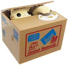 Load image into Gallery viewer, Cute Cat in a Box Piggy Bank - Battery Operated Motorized Yellow Kitty Collects your Coins and says 谢谢 ("Thank You" in Chinese)