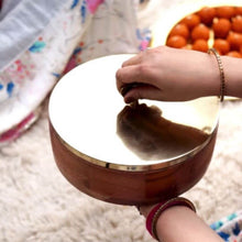Load image into Gallery viewer, Wooden Round Roti / Tortilla / Flatbread Casserole Box with Stainless Steel (Gold Color) Lid, Measures 9-inches Wide x 3-inches Tall