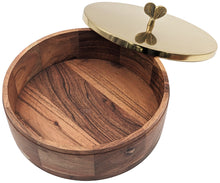 Load image into Gallery viewer, Wooden Round Roti / Tortilla / Flatbread Casserole Box with Stainless Steel (Gold Color) Lid, Measures 9-inches Wide x 3-inches Tall