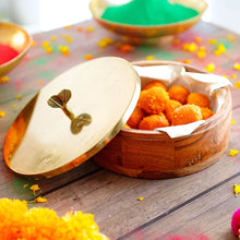 Load image into Gallery viewer, Wooden Round Roti / Tortilla / Flatbread Casserole Box with Stainless Steel (Gold Color) Lid, Measures 9-inches Wide x 3-inches Tall