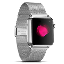 Load image into Gallery viewer, Designed as replacement Band for Apple Watch 42mm (only compatible with 42mm Apple Watch) | Milanese Band and connection adapters only (Apple Watch / iWatch Not Included) | Band Material: Precision stainless steel band with connection adapters | Size (including adapter): Length: 7.5" (has a clasp to shorten to fit your wrist), Width: 1", Thickness: .06"
