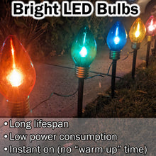 Load image into Gallery viewer, Jumbo 7½-inch Christmas Walkway or Hanging Lights for Outdoor & Indoor, 5 LED Lights with Removable Stakes on a Connectable 7-Foot Cord - Includes Red, Green, Blue, Yellow, and Purple Bulbs - Holiday Light Decoration