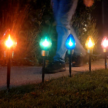Load image into Gallery viewer, Jumbo 7½-inch Christmas Walkway or Hanging Lights for Outdoor & Indoor, 5 LED Lights with Removable Stakes on a Connectable 7-Foot Cord - Includes Red, Green, Blue, Yellow, and Purple Bulbs - Holiday Light Decoration