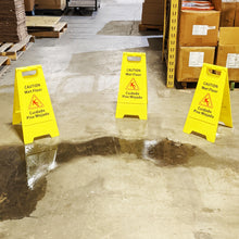 Load image into Gallery viewer, 3 Pack CAUTION Wet Floor Signs - Bilingual (Cuidado Piso Mojado), 2 Feet Tall, Double Sided, High Visibility Yellow Color, Fold-Out Standing Signs, Portable with Carrying Handle
