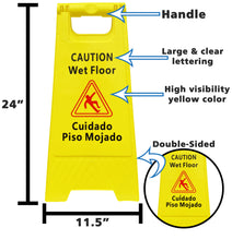 Load image into Gallery viewer, 3 Pack CAUTION Wet Floor Signs - Bilingual (Cuidado Piso Mojado), 2 Feet Tall, Double Sided, High Visibility Yellow Color, Fold-Out Standing Signs, Portable with Carrying Handle