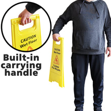 Load image into Gallery viewer, 3 Pack CAUTION Wet Floor Signs - Bilingual (Cuidado Piso Mojado), 2 Feet Tall, Double Sided, High Visibility Yellow Color, Fold-Out Standing Signs, Portable with Carrying Handle