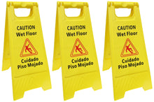 Load image into Gallery viewer, 3 Pack CAUTION Wet Floor Signs - Bilingual (Cuidado Piso Mojado), 2 Feet Tall, Double Sided, High Visibility Yellow Color, Fold-Out Standing Signs, Portable with Carrying Handle