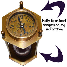 Load image into Gallery viewer, 5.75" Brass Pirate Hourglass, Nautical Maritime Decoration with Functional 2 Minute Timer and Navigation Compasses