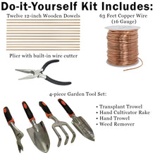 Load image into Gallery viewer, DIY Electroculture Gardening Tool Set - Includes 12 Dowels, 63 Feet Copper Wire, Transplant Trowel, Hand Cultivator Rake, Hand Trowel, and Weed Remover