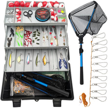 Load image into Gallery viewer, Deluxe Fishing Starter Set - Includes Collapsible Net, Fishing Line, Fish Stringer, Bobbers, Hooks, Lures, Tools, and 3-Tray Tacklebox