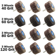 Load image into Gallery viewer, 12 Pack ¼" Shank Flap Wheels in Assorted Grits, Includes 40, 60, 80, and 120 Grit Aluminum Oxide Sandpaper - 2"×1"×¼" Fits All Drill Chucks