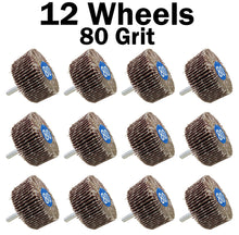 Load image into Gallery viewer, 12 Pack ¼" Shank 80 Grit Flap Wheels, Aluminum Oxide Sandpaper - 2"×1"×¼" Fits All Drill Chucks