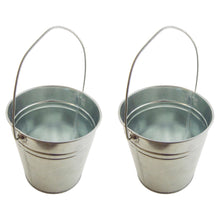 Load image into Gallery viewer, Set of 2 Galvanized metal buckets with handles | Works well for an arrangement, storage of your what-nots, or other craft projects | Looks like the vintage metal water bucket pails of long ago | Each pail is 6" tall has a 6" diameter at the widest part (top) and 4.5" at the smallest part (bottom) | Handles are shipped detached from pails to prevent damage while in transit, however the handles are easily hooked into the slots on the sides