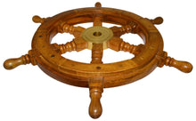 Load image into Gallery viewer, 18 Inch Wooden Ship Wheel Wall Decoration with Brass Center Hub, Turned Spokes and Handles, Maritime Nautical Boat Helm Decor, Brown Wood