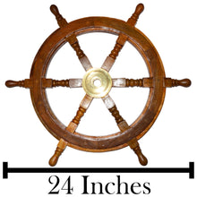 Load image into Gallery viewer, 24 Inch Wooden Ship Wheel Wall Decoration with Brass Center Hub, Turned Spokes and Handles, Maritime Nautical Boat Helm Decor, Brown Wood