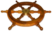 Load image into Gallery viewer, 24 Inch Wooden Ship Wheel Wall Decoration with Brass Center Hub, Turned Spokes and Handles, Maritime Nautical Boat Helm Decor, Brown Wood