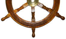 Load image into Gallery viewer, 24 Inch Wooden Ship Wheel Wall Decoration with Brass Center Hub, Turned Spokes and Handles, Maritime Nautical Boat Helm Decor, Brown Wood