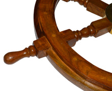 Load image into Gallery viewer, 24 Inch Wooden Ship Wheel Wall Decoration with Brass Center Hub, Turned Spokes and Handles, Maritime Nautical Boat Helm Decor, Brown Wood