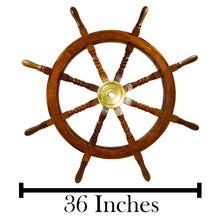 Load image into Gallery viewer, 36 Inch Wooden Ship Wheel Wall Decoration with Brass Center Hub, Turned Spokes and Handles, Maritime Nautical Boat Helm Decor, Brown Wood
