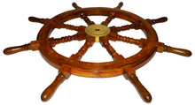 Load image into Gallery viewer, 36 Inch Wooden Ship Wheel Wall Decoration with Brass Center Hub, Turned Spokes and Handles, Maritime Nautical Boat Helm Decor, Brown Wood