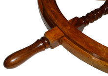 Load image into Gallery viewer, 36 Inch Wooden Ship Wheel Wall Decoration with Brass Center Hub, Turned Spokes and Handles, Maritime Nautical Boat Helm Decor, Brown Wood