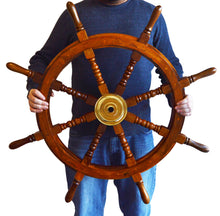 Load image into Gallery viewer, 36 Inch Wooden Ship Wheel Wall Decoration with Brass Center Hub, Turned Spokes and Handles, Maritime Nautical Boat Helm Decor, Brown Wood
