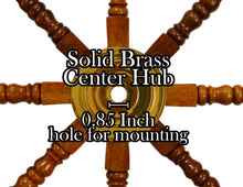 Load image into Gallery viewer, 36 Inch Wooden Ship Wheel Wall Decoration with Brass Center Hub, Turned Spokes and Handles, Maritime Nautical Boat Helm Decor, Brown Wood