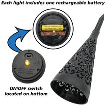 Load image into Gallery viewer, 6 Pack Solar Charging Decorative Walkway Patio Lawn Lights - Warm Yellow Subtle Lighting - Automatic On at Dusk and Off at Sunrise - Weatherproof Black Plastic