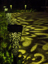 Load image into Gallery viewer, 6 Pack Solar Charging Decorative Walkway Patio Lawn Lights - Warm Yellow Subtle Lighting - Automatic On at Dusk and Off at Sunrise - Weatherproof Black Plastic