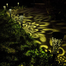 Load image into Gallery viewer, 6 Pack Solar Charging Decorative Walkway Patio Lawn Lights - Warm Yellow Subtle Lighting - Automatic On at Dusk and Off at Sunrise - Weatherproof Black Plastic