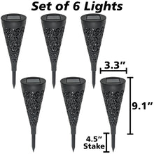Load image into Gallery viewer, 6 Pack Solar Charging Decorative Walkway Patio Lawn Lights - Warm Yellow Subtle Lighting - Automatic On at Dusk and Off at Sunrise - Weatherproof Black Plastic