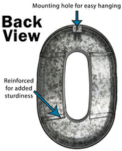 Load image into Gallery viewer, 20" Metal Number 0 (Zero) Wall Decor, Silver with Rusted Edges, Galvanized Wall Mountable Decoration for Country, Mid-Century, or Farmhouse Themed Room or Event