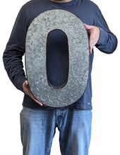 Load image into Gallery viewer, 20" Metal Number 0 (Zero) Wall Decor, Silver with Rusted Edges, Galvanized Wall Mountable Decoration for Country, Mid-Century, or Farmhouse Themed Room or Event