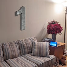 Load image into Gallery viewer, 20" Metal Number 1 (One) Wall Decor, Silver with Rusted Edges, Galvanized Wall Mountable Decoration for Country, Mid-Century, or Farmhouse Themed Room or Event